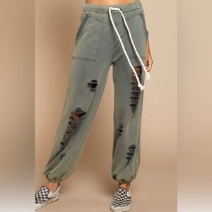 POL Small Grunge Moto Skater Distressed Torn Tattered Olive Joggers Sweatpants